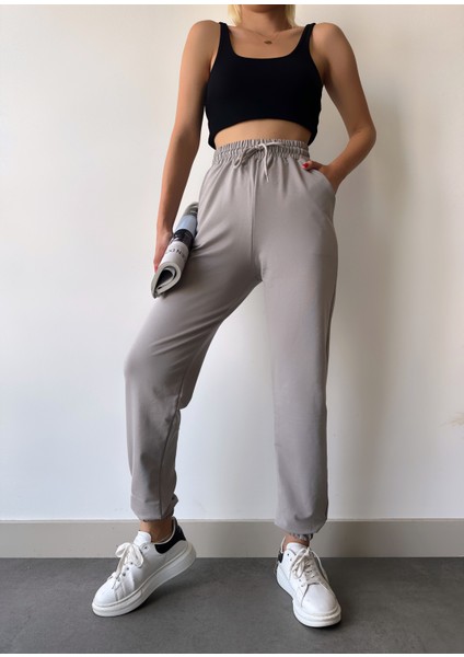 Kadın Gümüş Gri Paçası Lastikli Yüksek Bel Jogger Eşofman Altı