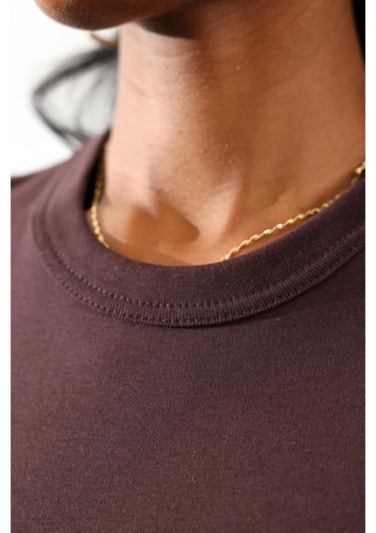 Kahverengi Fit Basic Uzun Kol Tişört