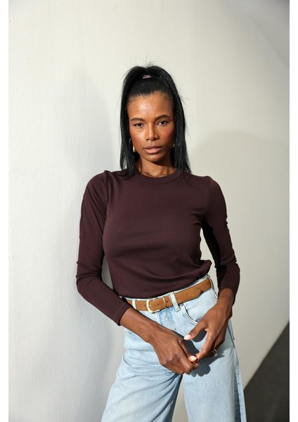 Kahverengi Fit Basic Uzun Kol Tişört modelleri