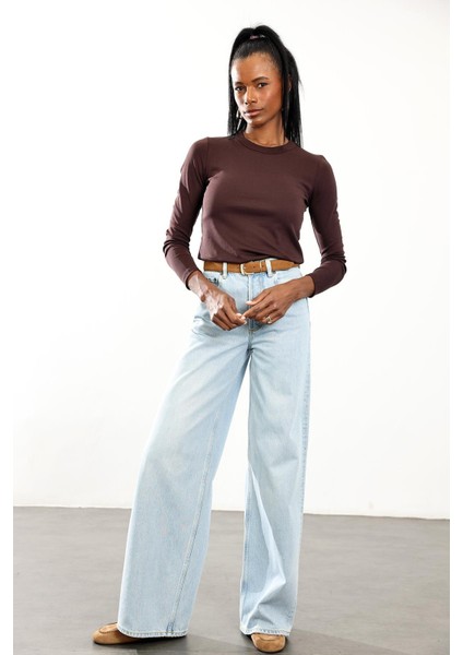 Kahverengi Fit Basic Uzun Kol Tişört fırsatları