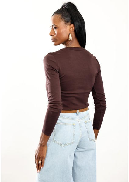 Kahverengi Fit Basic Uzun Kol Tişört