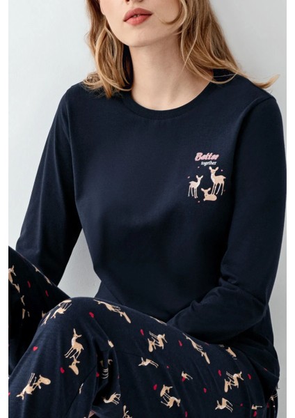 3450 Anne&kız Uzun Kollu Bisiklet Yaka Pijama Takımı-Lacivert