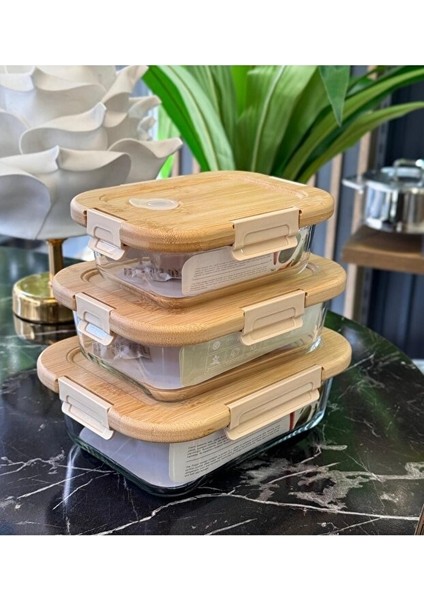 Bambu Kapaklı Vakumlu Cam Saklama Kabı Seti – 4'lü (640 ml / 1040 ml / 1520 ml / 2800 Ml) modelleri