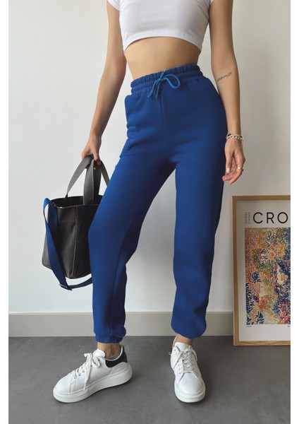 Kadın Indigo Mavi Kışlık Kalın Içi Polarlı Yüksek Bel Paçası Lastikli Basic Jogger Eşofman Altı fiyatları