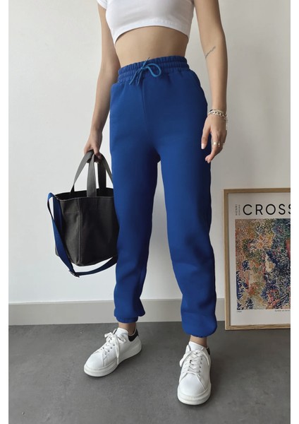 Kadın Indigo Mavi Kışlık Kalın Içi Polarlı Yüksek Bel Paçası Lastikli Basic Jogger Eşofman Altı modelleri
