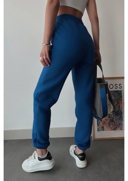 Kadın Indigo Mavi Kışlık Kalın Içi Polarlı Yüksek Bel Paçası Lastikli Basic Jogger Eşofman Altı fırsatları