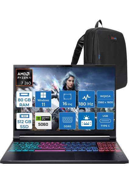 Predator Helıos Neo 16S Aı Intel Core™ Ultra 7 255HX 80GB Ddr5 512GB SSD 8GB/RTX5070 115W 16"qhd+ 2560X1600 240HZ OLED WIN11PRO Gaming Bilgisayar. NHQZFEY001P22+ZETTAÇANTA