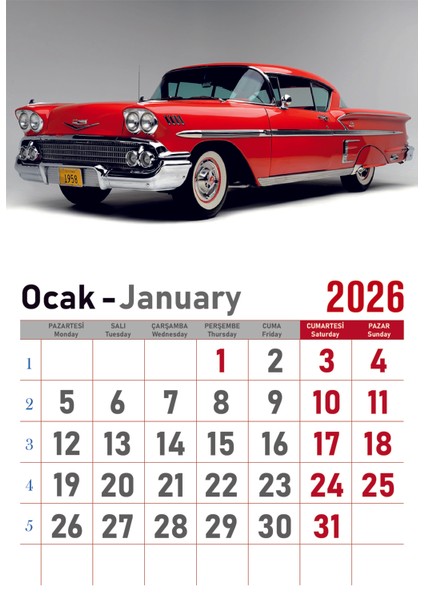 Takvim - Spiralli 12 Yaprak 32X47 cm -Klasik Araba Resimli Kuşe Kağıt Duvar Takvimi - 2026