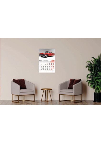 Takvim - Spiralli 12 Yaprak 32X47 cm -Klasik Araba Resimli Kuşe Kağıt Duvar Takvimi - 2026 fiyatları