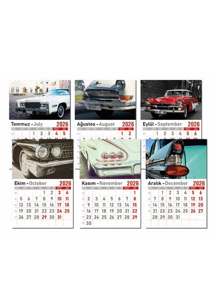 Takvim - Spiralli 12 Yaprak 32X47 cm -Klasik Araba Resimli Kuşe Kağıt Duvar Takvimi - 2026 modelleri