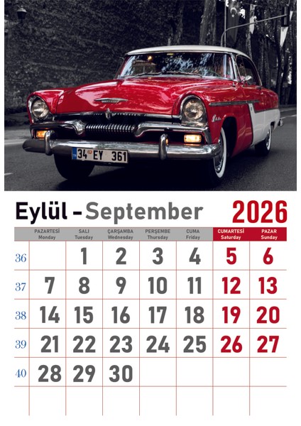 Takvim - Spiralli 12 Yaprak 32X47 cm -Klasik Araba Resimli Kuşe Kağıt Duvar Takvimi - 2026 fırsatları