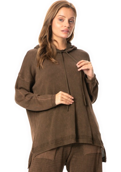 Uzun Kol Kapüşonlu Fileli Sonbahar ve Kışlık Triko Bluz Kahve Khv