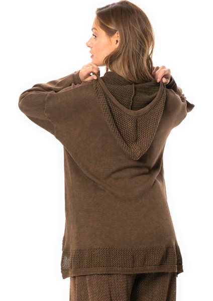 Uzun Kol Kapüşonlu Fileli Sonbahar ve Kışlık Triko Bluz Kahve Khv fiyatları