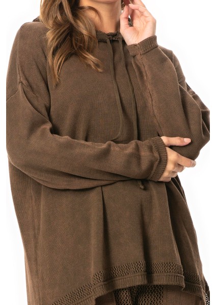 Uzun Kol Kapüşonlu Fileli Sonbahar ve Kışlık Triko Bluz Kahve Khv modelleri
