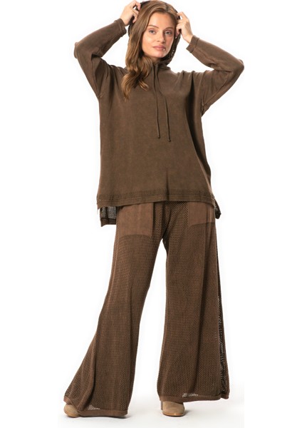 Uzun Kol Kapüşonlu Fileli Sonbahar ve Kışlık Triko Bluz Kahve Khv fırsatları