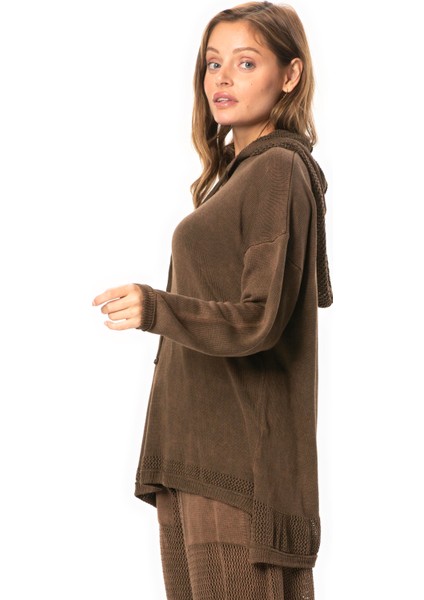 Uzun Kol Kapüşonlu Fileli Sonbahar ve Kışlık Triko Bluz Kahve Khv