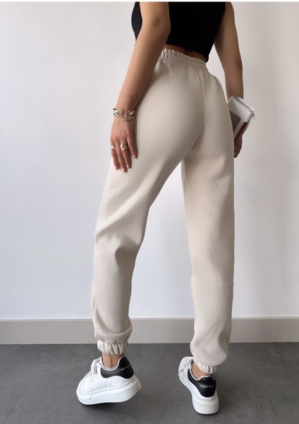 Kadın Bej Kışlık Kalın Içi Polarlı Yüksek Bel Paçası Lastikli Basic Jogger Eşofman Altı