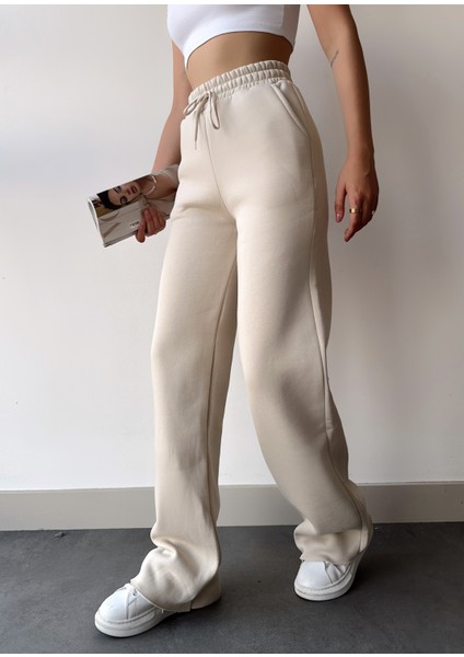 Kadın Taş Içi Polarlı Kışlık Bağcıklı Yüksek Bel Bol Paça Eşofman Altı