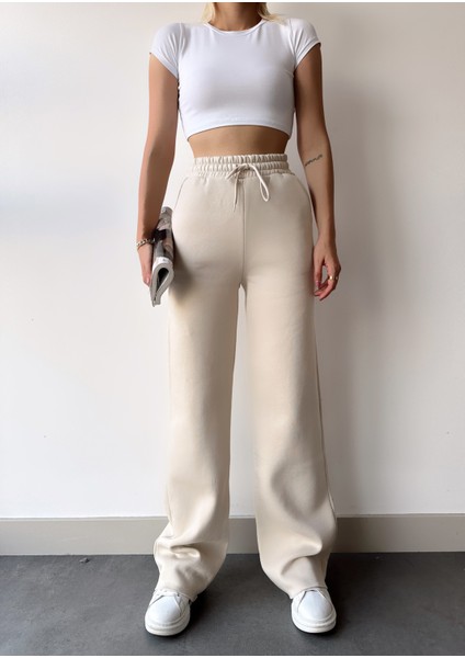 Kadın Taş Içi Polarlı Kışlık Bağcıklı Yüksek Bel Bol Paça Eşofman Altı