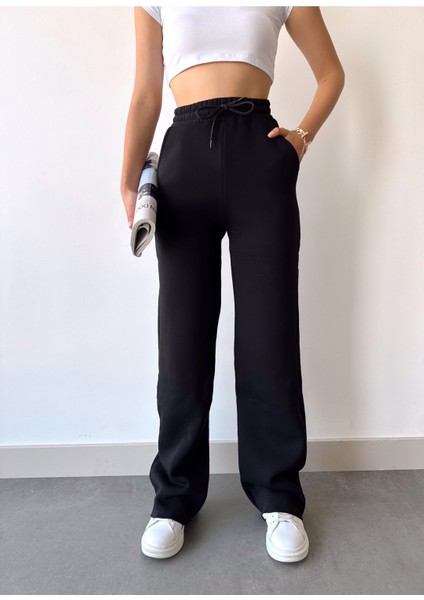 Kadın Siyah Içi Polarlı Kışlık Bağcıklı Yüksek Bel Bol Paça Eşofman Altı modelleri