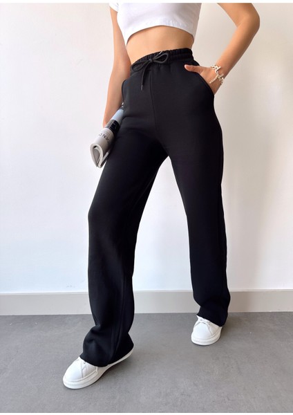 Kadın Siyah Içi Polarlı Kışlık Bağcıklı Yüksek Bel Bol Paça Eşofman Altı fırsatları