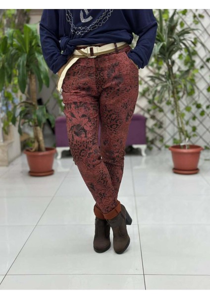 NC21980 italyan Likralı Çiçek ve Leopar desenli Pantolon Kiremit