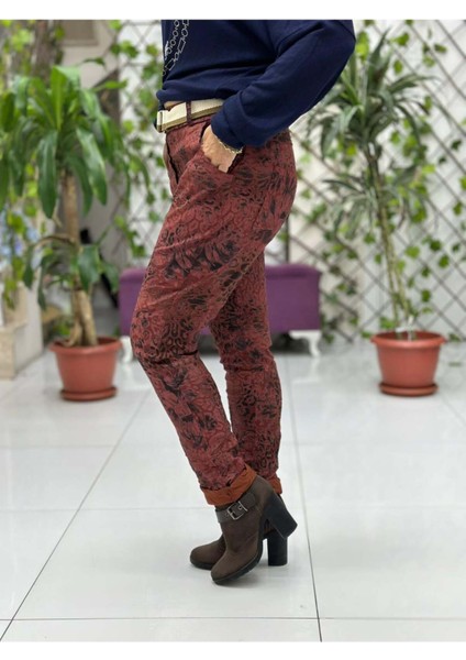 NC21980 italyan Likralı Çiçek ve Leopar desenli Pantolon Kiremit fiyatları