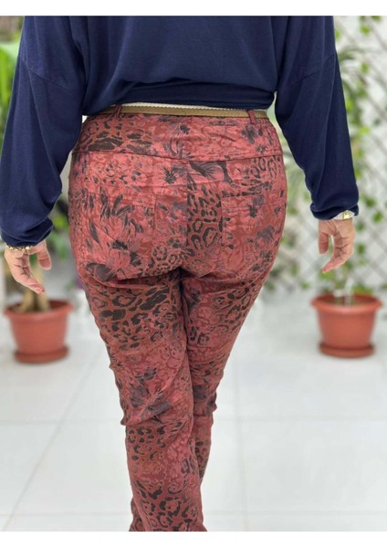 NC21980 italyan Likralı Çiçek ve Leopar desenli Pantolon Kiremit indirimleri