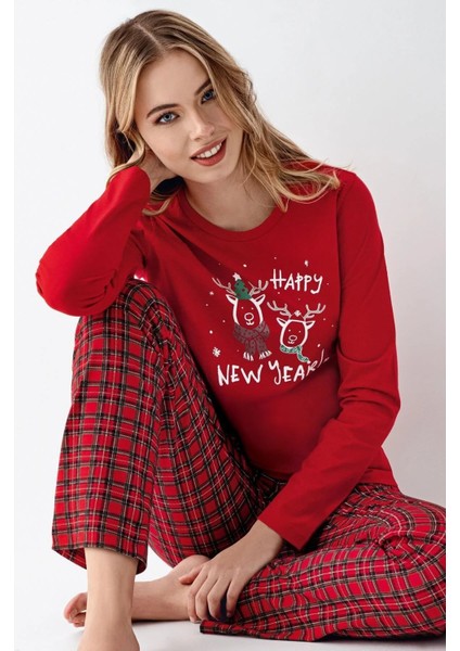 3514 Anne&kız Uzun Kollu Bisiklet Yaka Pijama Takımı-Kırmızı