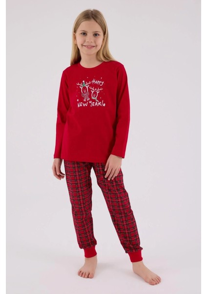 3514 Anne&kız Uzun Kollu Bisiklet Yaka Pijama Takımı-Kırmızı