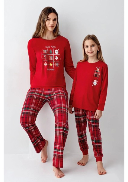 3512 Anne&kız Uzun Kollu Bisiklet Yaka Pijama Takımı-Kırmızı