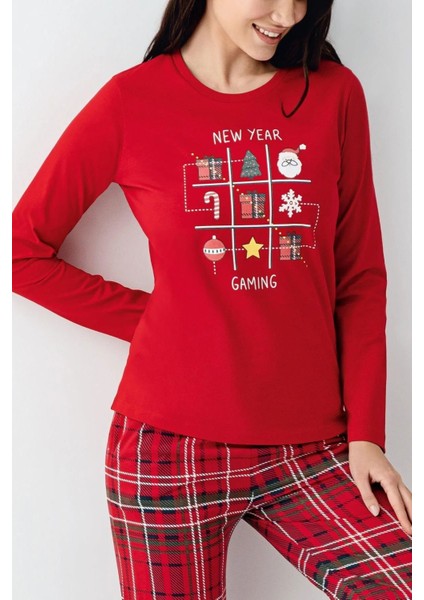 3512 Anne&kız Uzun Kollu Bisiklet Yaka Pijama Takımı-Kırmızı modelleri