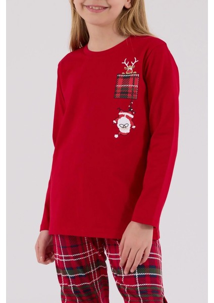 3512 Anne&kız Uzun Kollu Bisiklet Yaka Pijama Takımı-Kırmızı