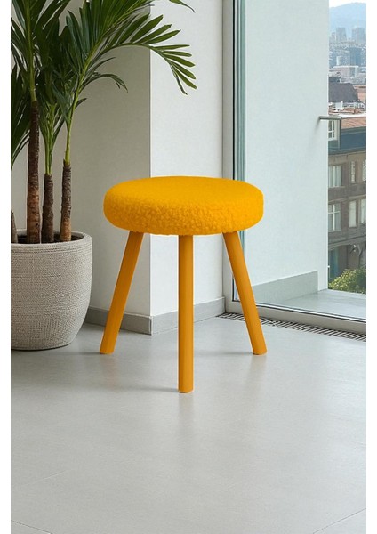 Chic Dekoratif Retro Peluş Puf – Yuvarlak Bench, Ahşap Ayaklı Makyaj & Salon Taburesi