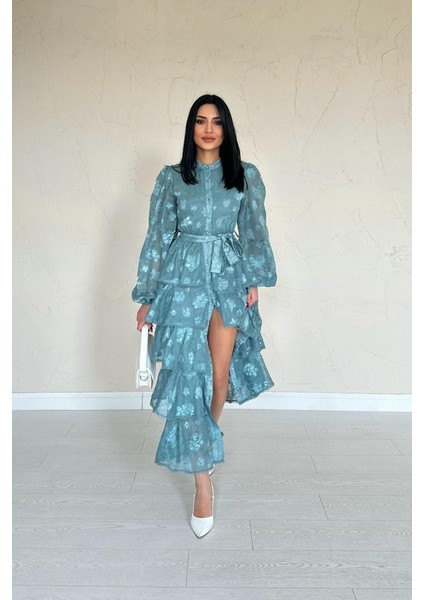 Mint Valonlu Şeritli Kat Kat Elbise modelleri