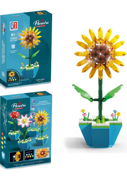 Saksılı Renkli Işıklı Blok Çiçek - Ayçiçeği 178 Parça