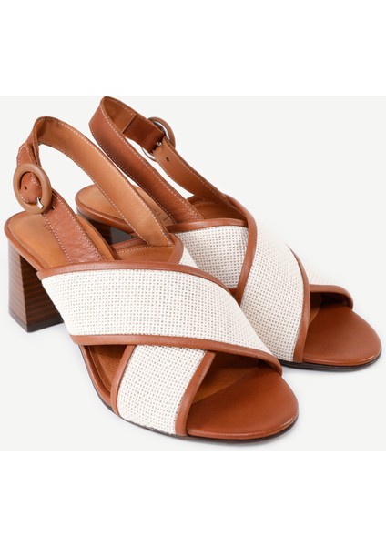 Hasır Detaylı Deri Topuklu Sandalet