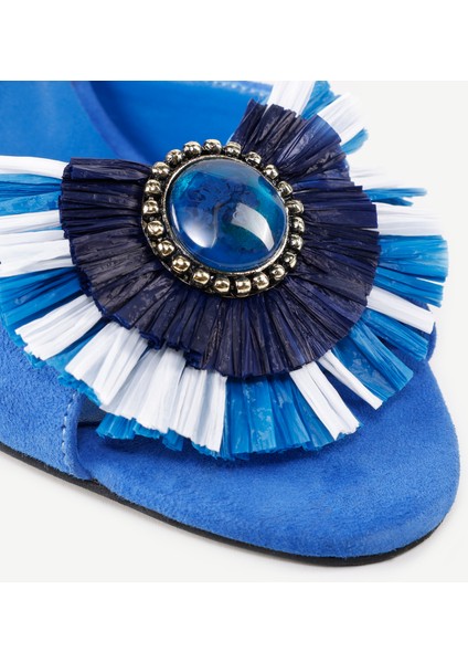 Kadın Topuklu Sandalet Süet Malzeme İle Şık Rafya Aksesuar Detaylı 9 Cm