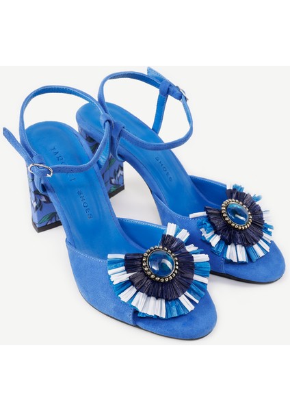 Kadın Topuklu Sandalet Süet Malzeme İle Şık Rafya Aksesuar Detaylı 9 Cm