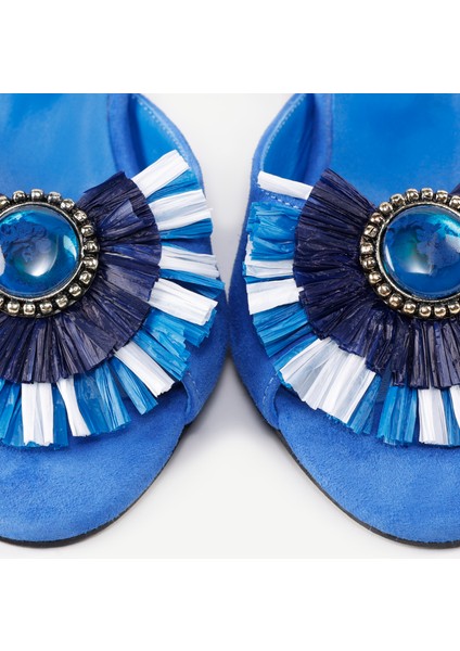 Kadın Topuklu Sandalet Süet Malzeme İle Şık Rafya Aksesuar Detaylı 9 Cm