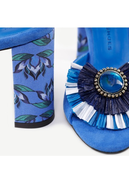 Kadın Topuklu Sandalet Süet Malzeme İle Şık Rafya Aksesuar Detaylı 9 Cm