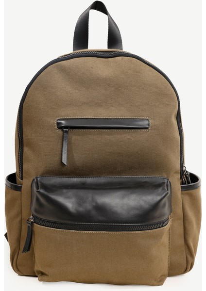 Deri Cep Detaylı Canvas Sırt Çantası