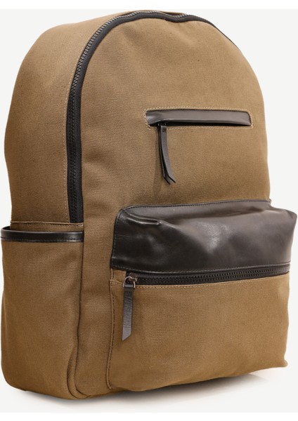 Deri Cep Detaylı Canvas Sırt Çantası