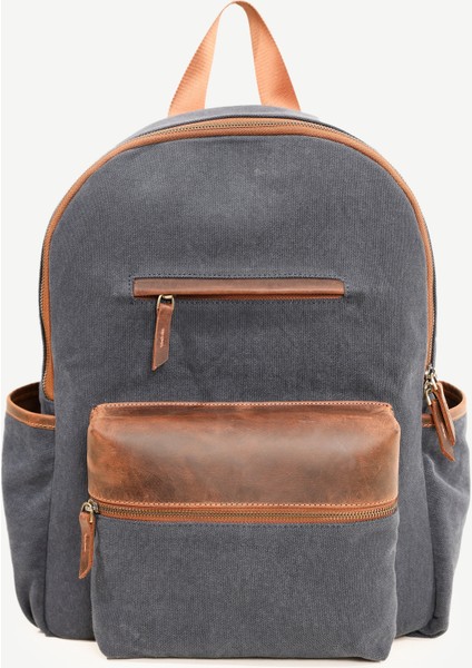 Deri Cep Detaylı Canvas Sırt Çantası