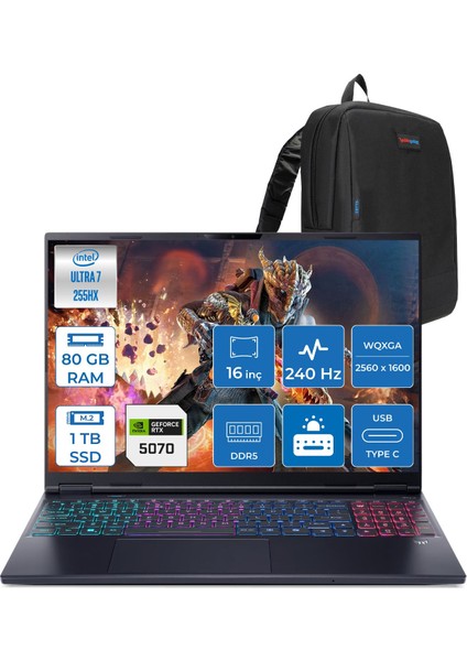 Predator Helıos Neo 16S Aı Intel Core™ Ultra 7 255HX 80GB Ddr5 1tb SSD 8GB/RTX5070 115W 16"qhd+ 2560X1600 240HZ OLED Freedos Gaming Bilgisayar. NHQZFEY001F23+ZETTAÇANTA