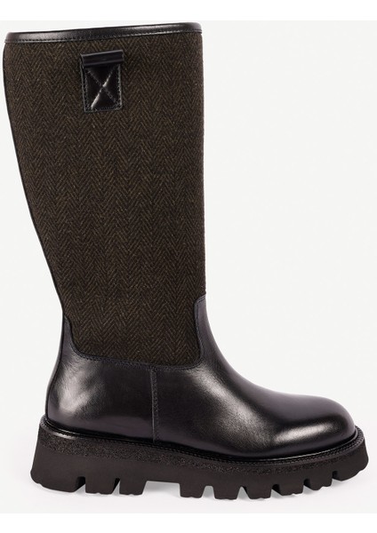 Kumaş Detaylı Deri Uzun Bot