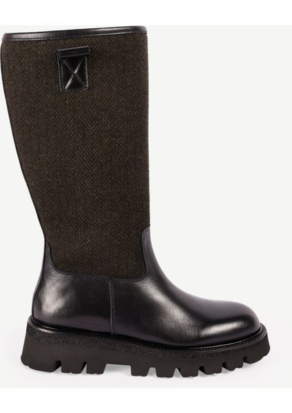 Kumaş Detaylı Deri Uzun Bot