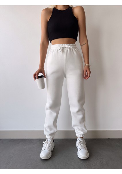 Kadın Beyaz Kışlık Kalın Içi Polarlı Yüksek Bel Paçası Lastikli Basic Jogger Eşofman Altı