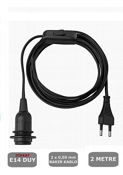E14 Duylu 2 Metre Arapuarlı (AÇ KAPAT ANAHTAR) Fişli Seyyar (2X0,50) (SİYAH)