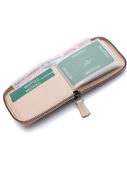 Hakiki Deri Kağıt Para ve Bol Şeffaf Kart Bölmeli, Fermuarlı Unisex Kartlık - Pudra modelleri